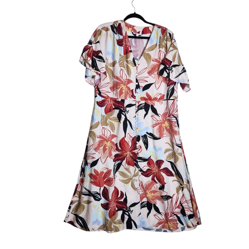 Chicos Floral Button Front Midi Dress Size 2.5 US 14 Red Cream Tropical V-Neck